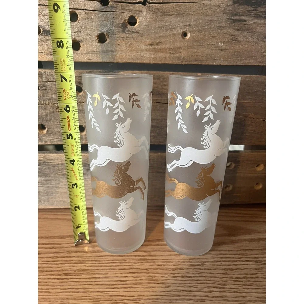 2 Vintage MCM Libbey Frosted Cavalcade Gold White Horses 7